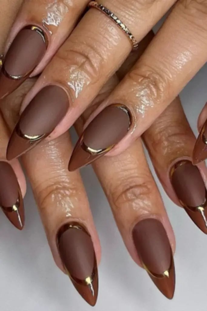 Matte Brown with Metallic Gold Outline Matte Brown with Metallic Gold Outline — Classy Chocolate Nails