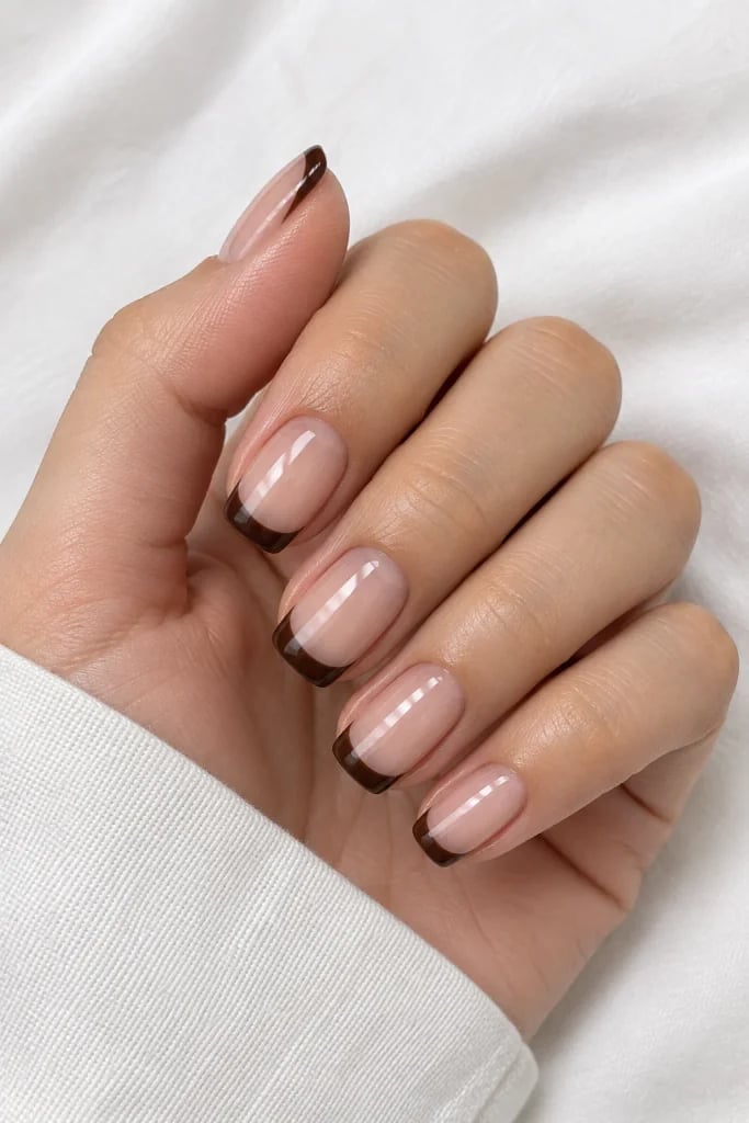 Nude Short Square with Chocolate French Tip Nude Short Square with Chocolate French Tip — Classy Chocolate Nails