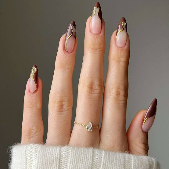 Long Almond Nude with Brown Gold Lines Long Almond Nude with Brown Gold Lines — Classy Chocolate Nails