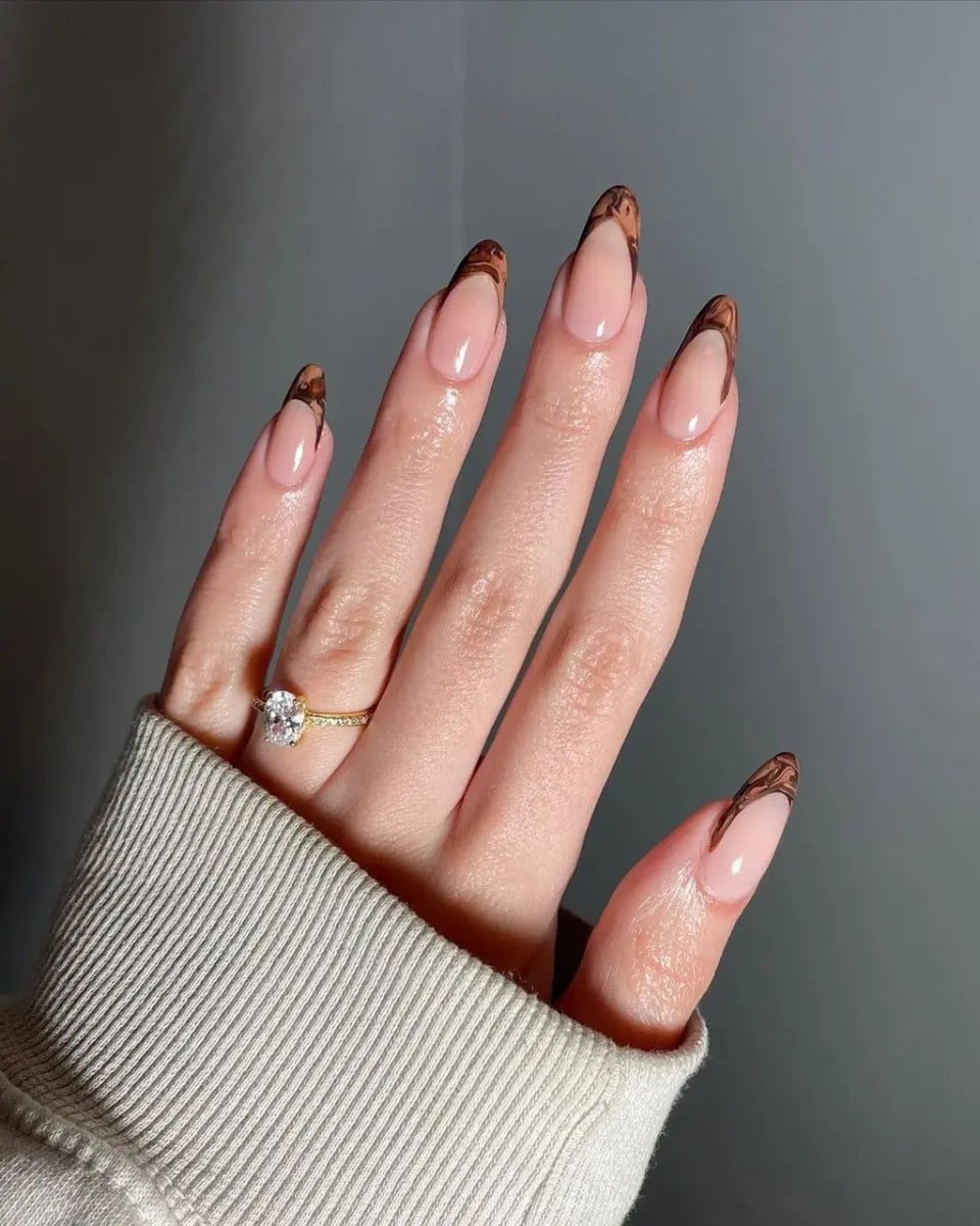 Long Almond Dark Chocolate French Tip with Pattern Long Almond Dark Chocolate French Tip with Pattern — Classy Chocolate Nails