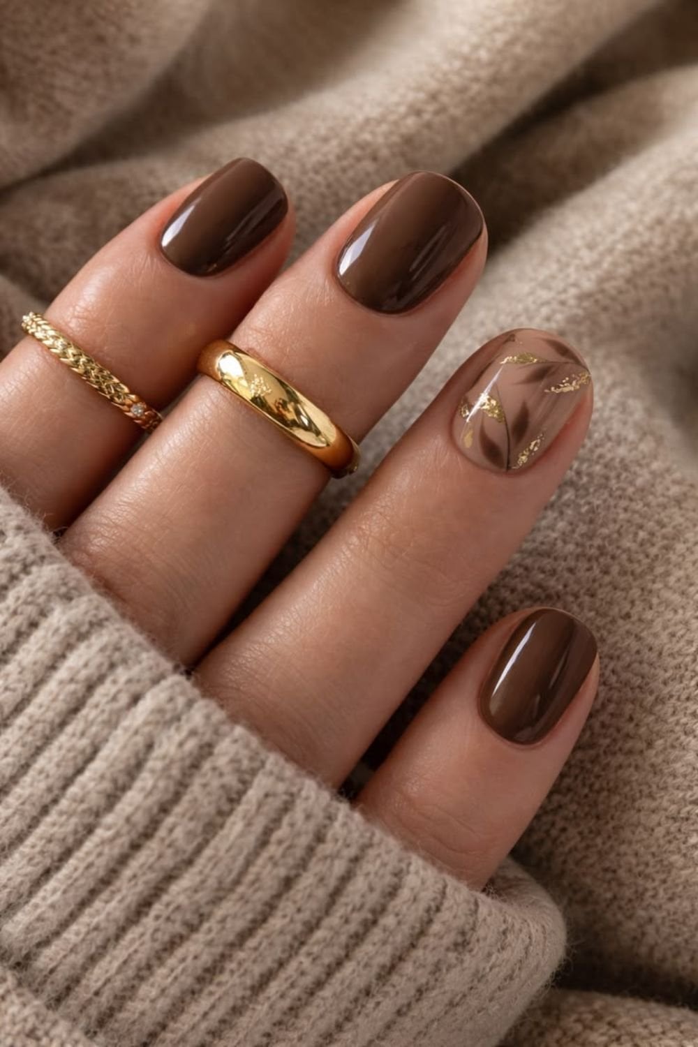 Soft Square Brown with Gold Leaf Art Soft Square Brown with Gold Leaf Art — Classy Chocolate Nails