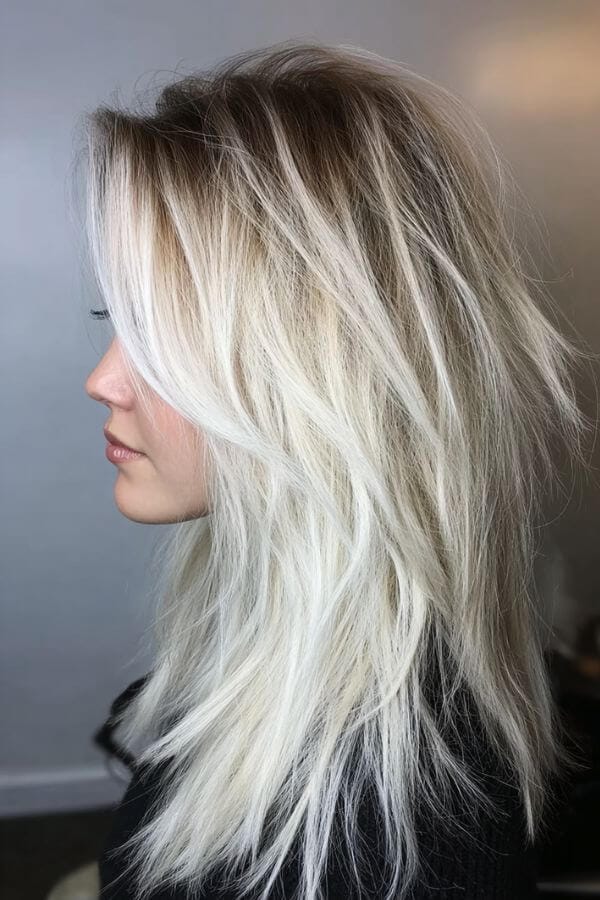 Platinum Blonde Long Shag With Choppy Layers Platinum Blonde Long Shag With Choppy Layers — Classy Choppy Layers
