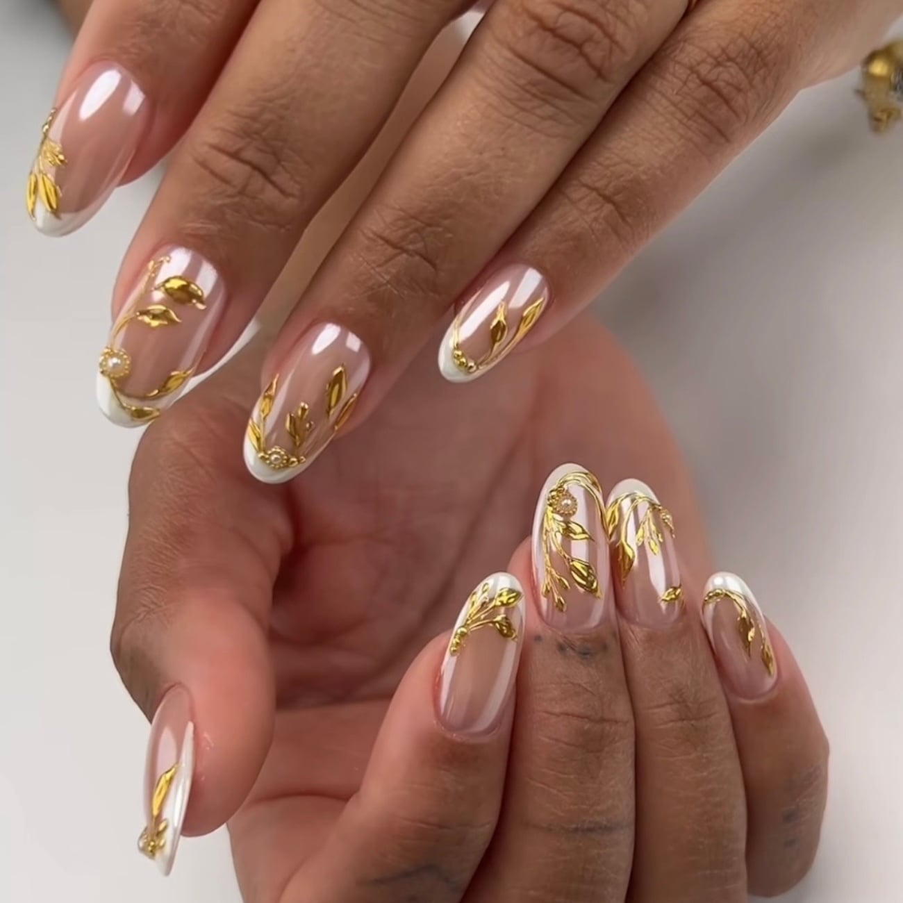 Nude French with Gold Leaf and Rhinestone Accents — Classy Chrome Nails