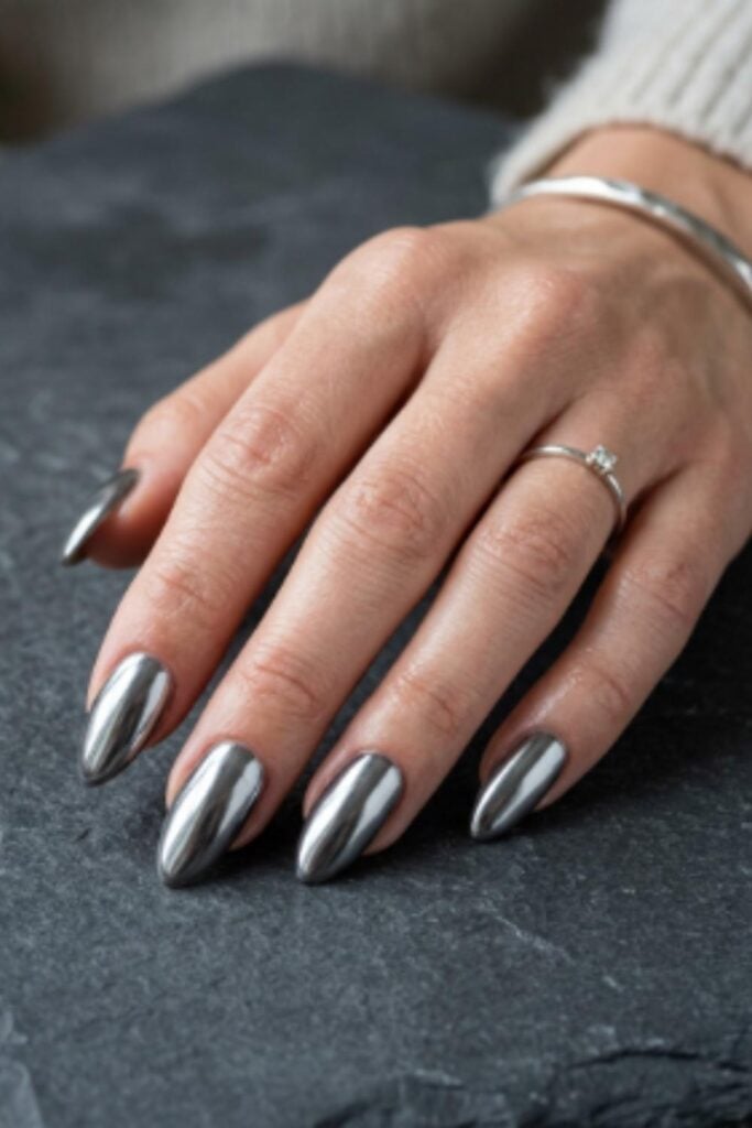 Bright Silver Mirror Chrome Almonds — Classy Chrome Nails