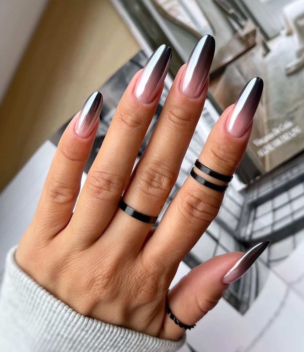 Black to Silver Chrome Gradient Almonds — Classy Chrome Nails
