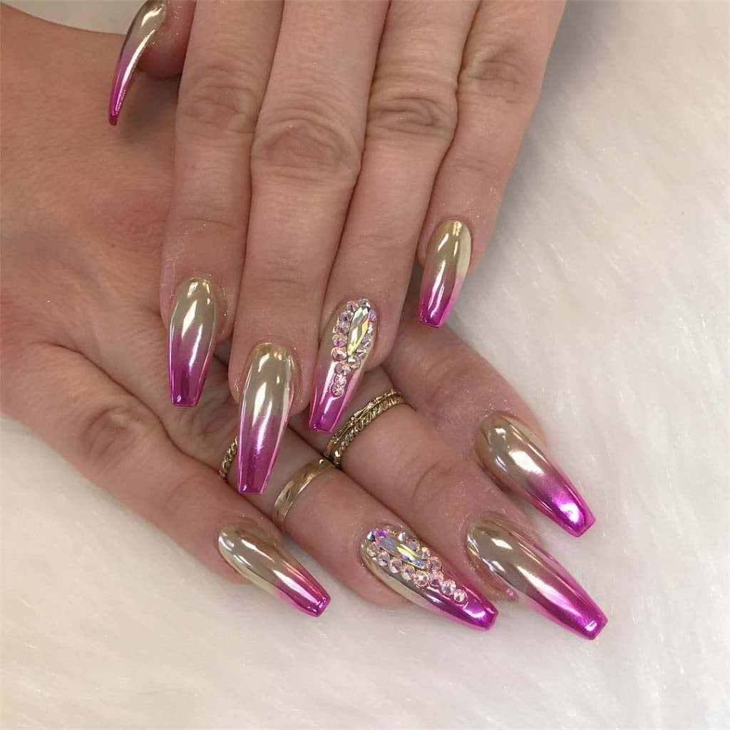 Gold to Pink Chrome Gradient with Rhinestones — Classy Chrome Nails