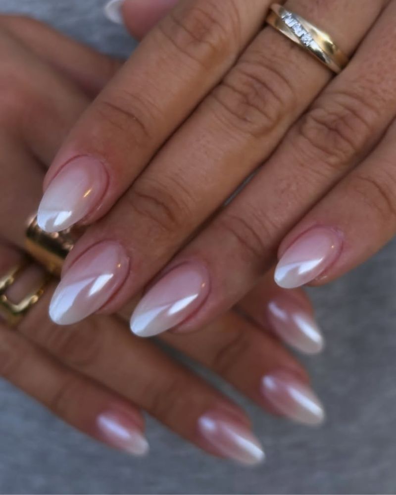 Milky White to Pearl Chrome Gradient Almonds — Classy Chrome Nails