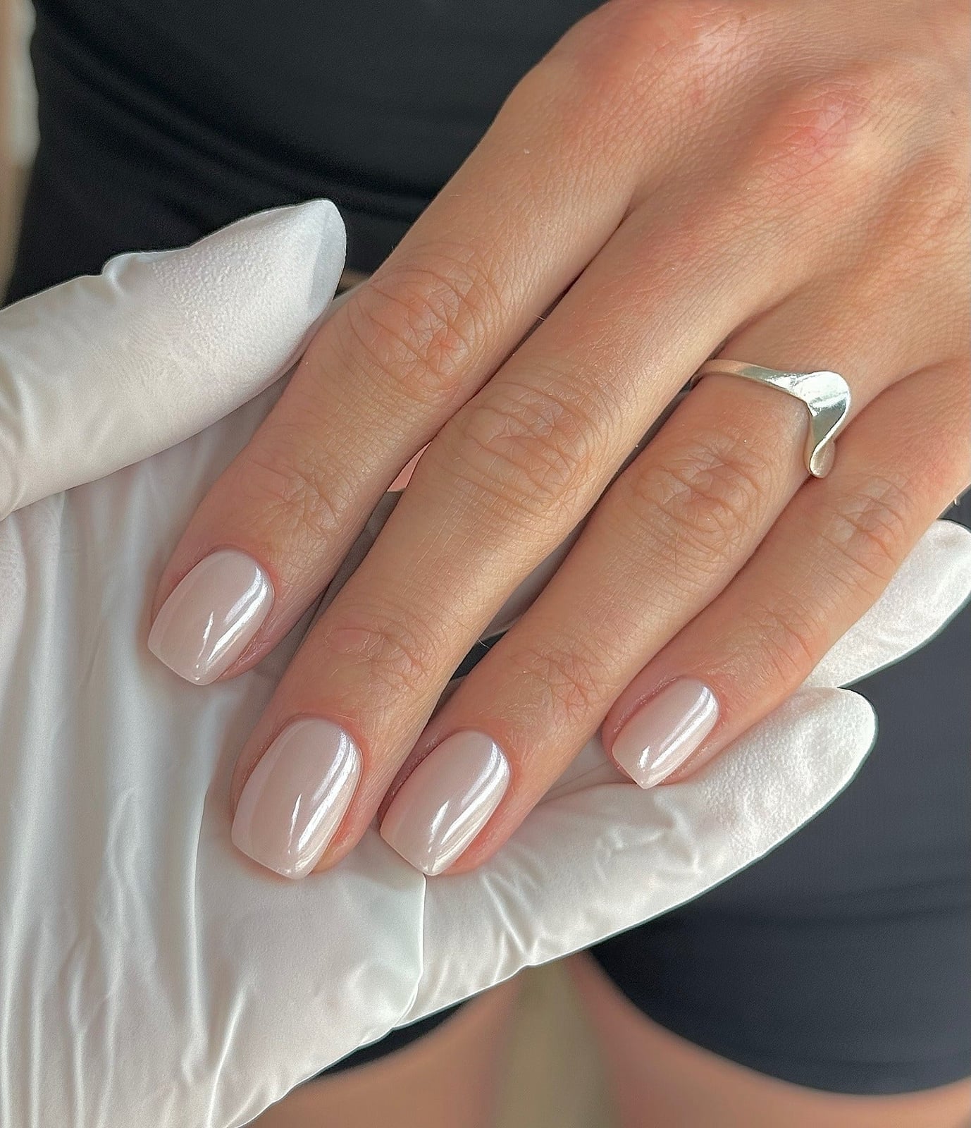Subtle Light Beige Pearlescent Chrome Squares — Classy Chrome Nails