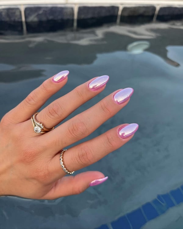 Pink to Purple Iridescent Chrome Almonds — Classy Chrome Nails