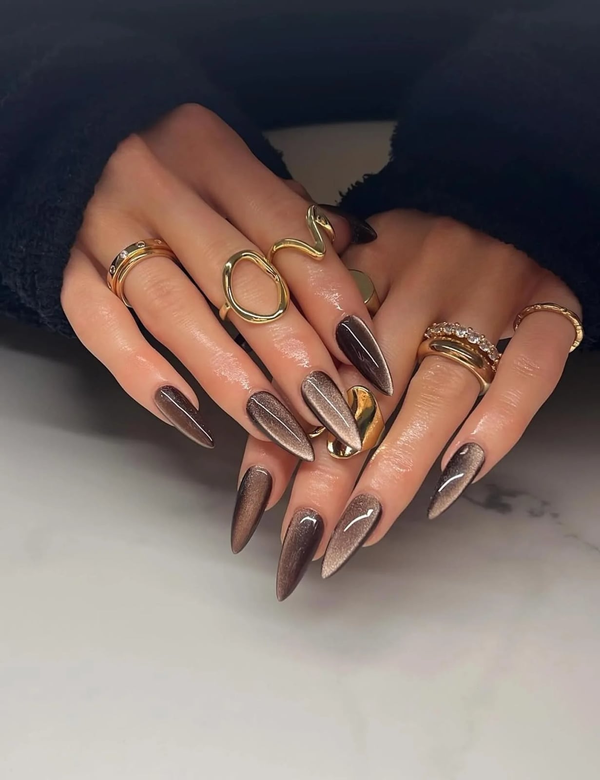 Brown to Beige Chrome Cat-Eye Stilettos — Classy Chrome Nails