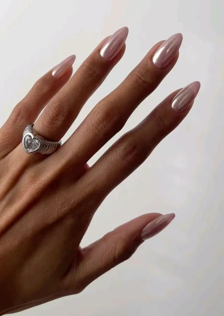 Light Beige Pearlescent Chrome Almonds — Classy Chrome Nails