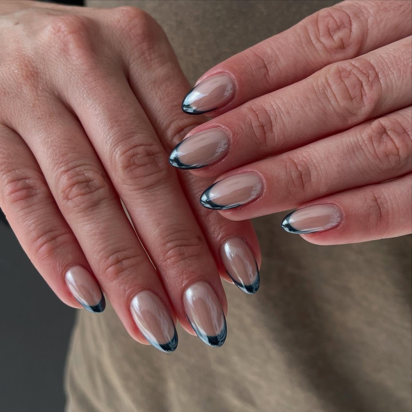 Nude with Dark Blue French Almond Nails — Classy Chrome Nails