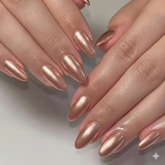 Medium Almond Warm Rose Gold Chrome With Neutral Tone Medium Almond Warm Rose Gold Chrome With Neutral Tone — Classy Chrome Nails Colors