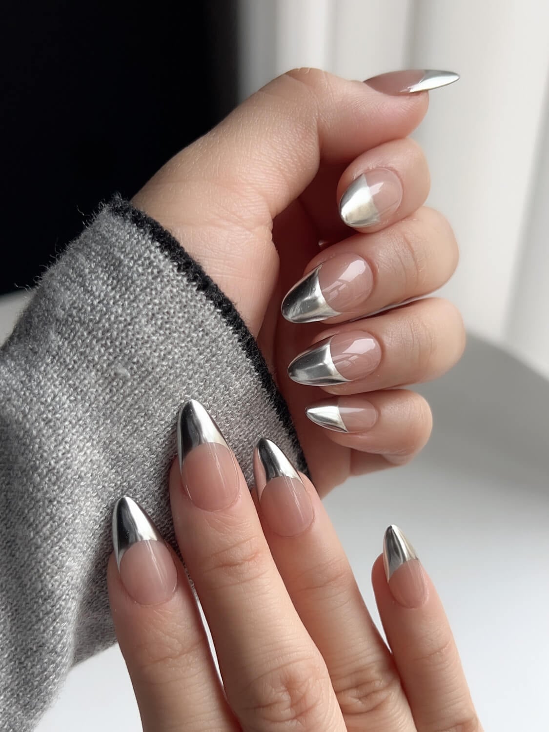Medium Almond Nude French Tip Chrome Medium Almond Nude French Tip Chrome — Classy Chrome Nails Colors