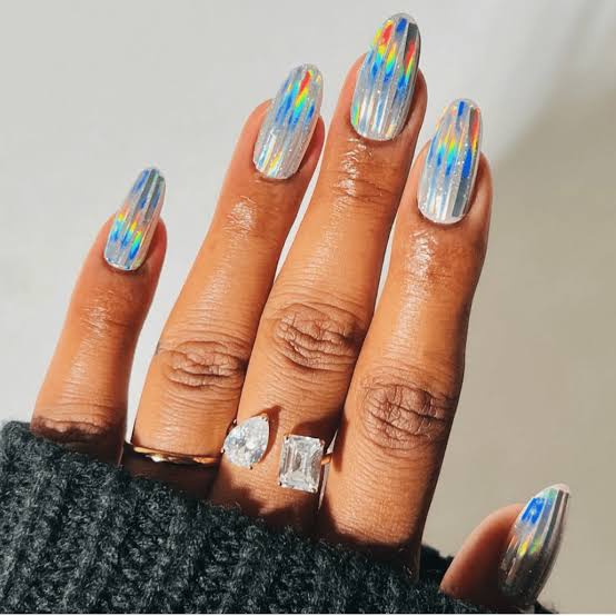 Long Oval Silver Holographic Chrome Nails Long Oval Silver Holographic Chrome Nails — Classy Chrome Nails Colors