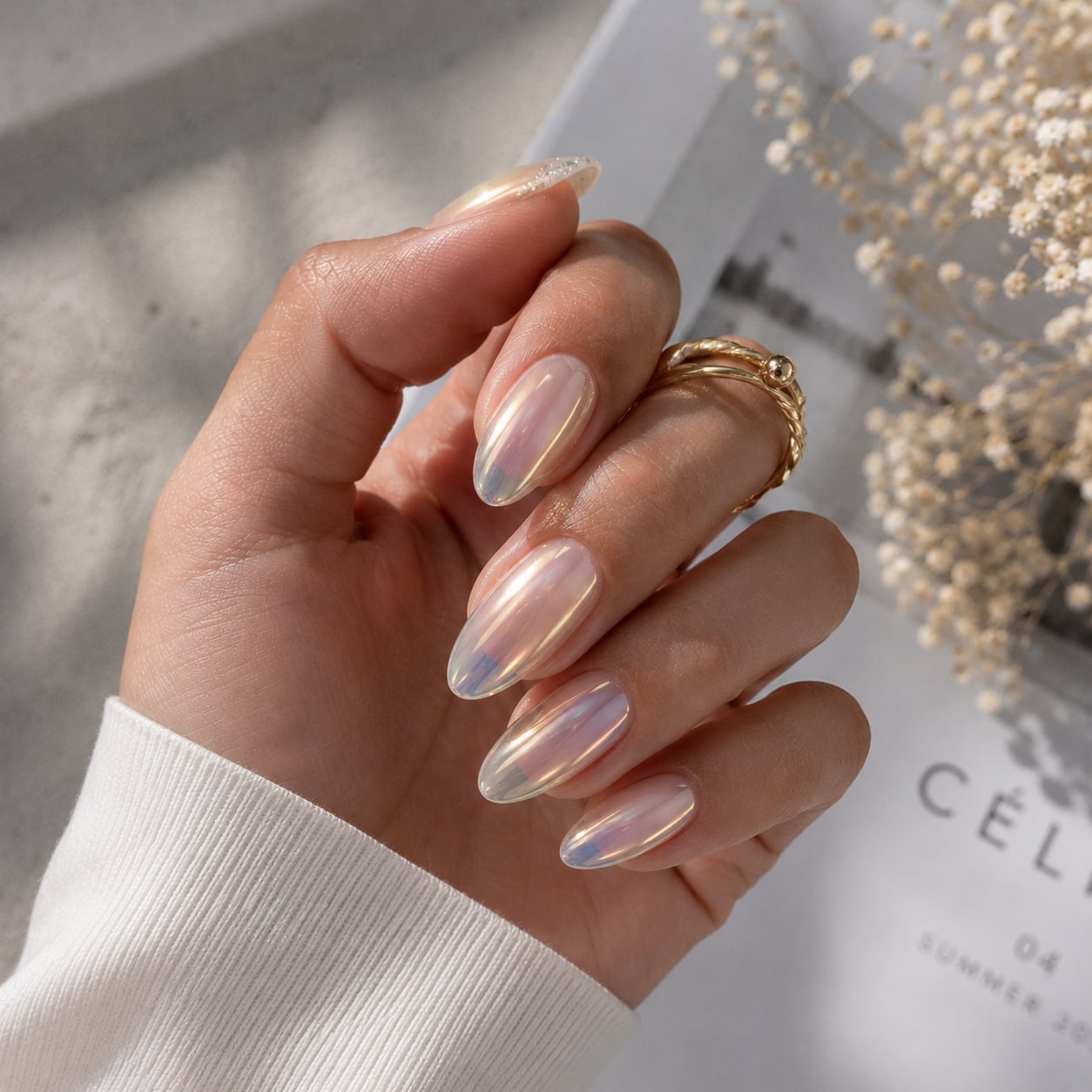 Milky White Pearlescent Chrome Almond Nails Milky White Pearlescent Chrome Almond Nails — Classy Chrome Nails Colors