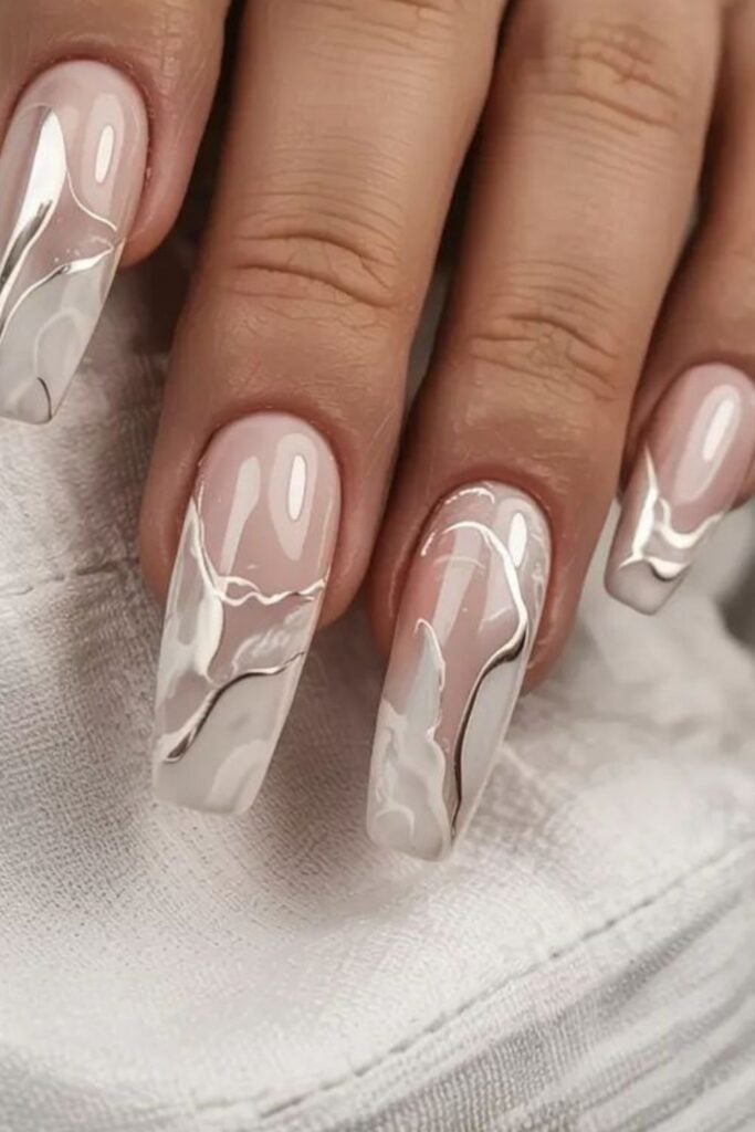 Long Squoval Nude Marble Chrome Art Long Squoval Nude Marble Chrome Art — Classy Chrome Nails Colors