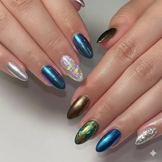 Medium Oval Multi-Color Chrome with Foil Medium Oval Multi-Color Chrome with Foil — Classy Chrome Nails Colors