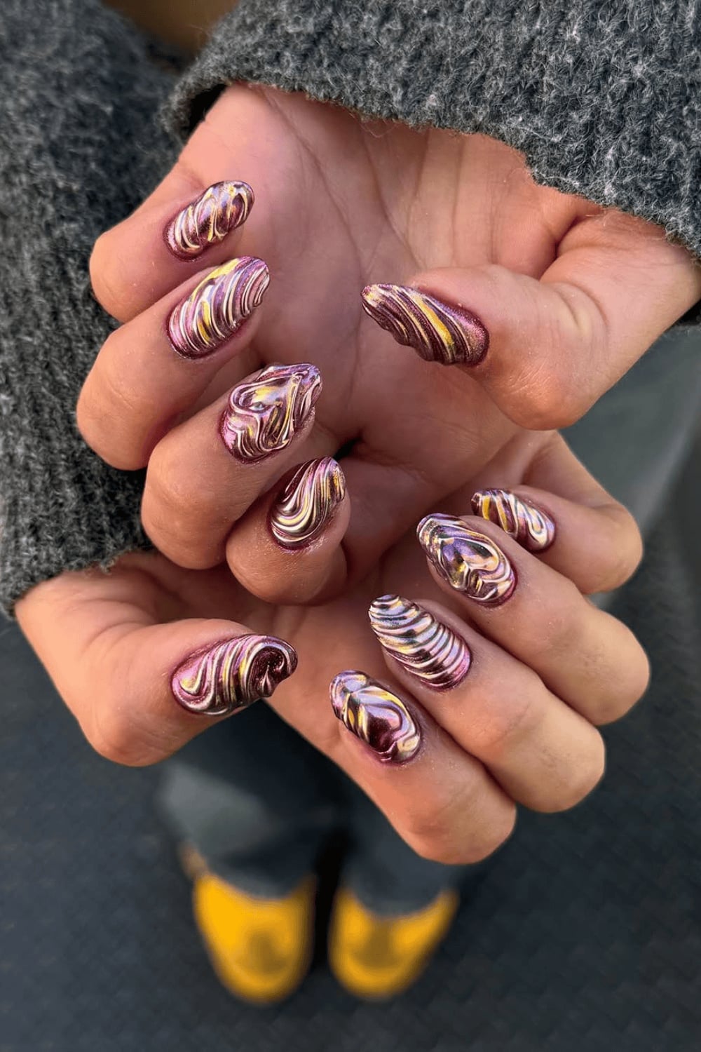 Medium Almond Purple Gold Silver Stripe Chrome Medium Almond Purple Gold Silver Stripe Chrome — Classy Chrome Nails Colors