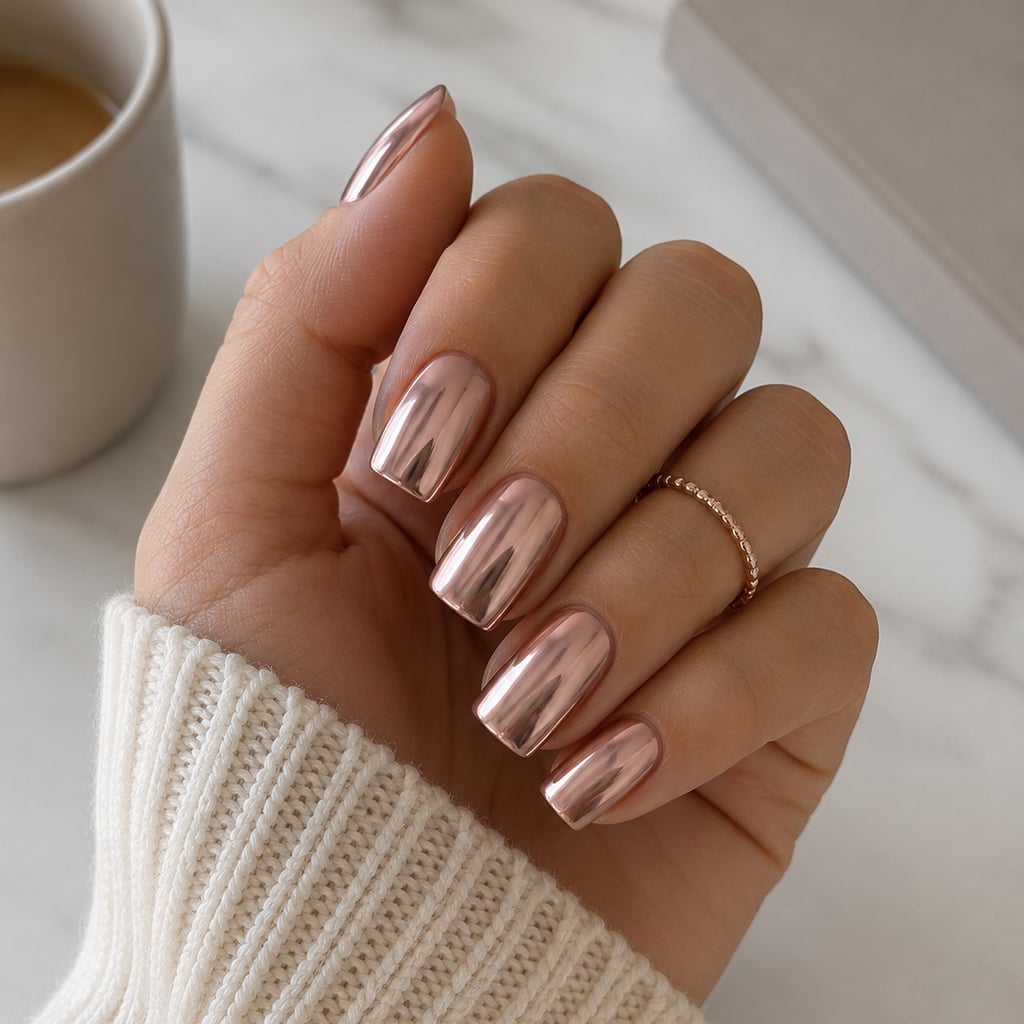 Medium Square Rose Gold Chrome Nails, Close-Up Take Medium Square Rose Gold Chrome Nails, Close-Up Take — Classy Chrome Nails Colors