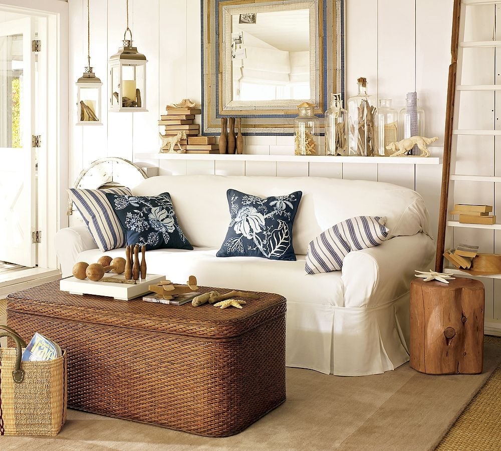 Coastal Living Room with Slipcovered Sofa Coastal Living Room with Slipcovered Sofa — Classy Coastal Style