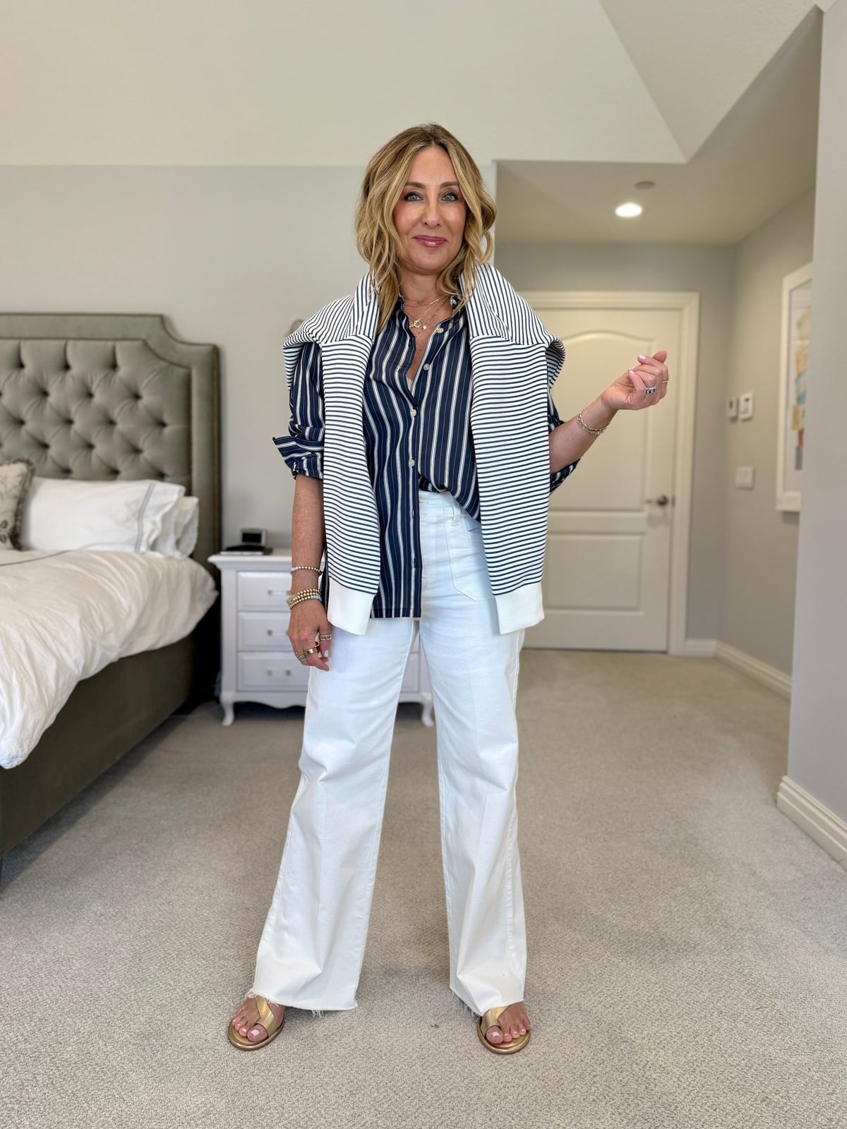 Chic Daytime Look with Striped Sweater Drape Chic Daytime Look with Striped Sweater Drape — Classy Coastal Style