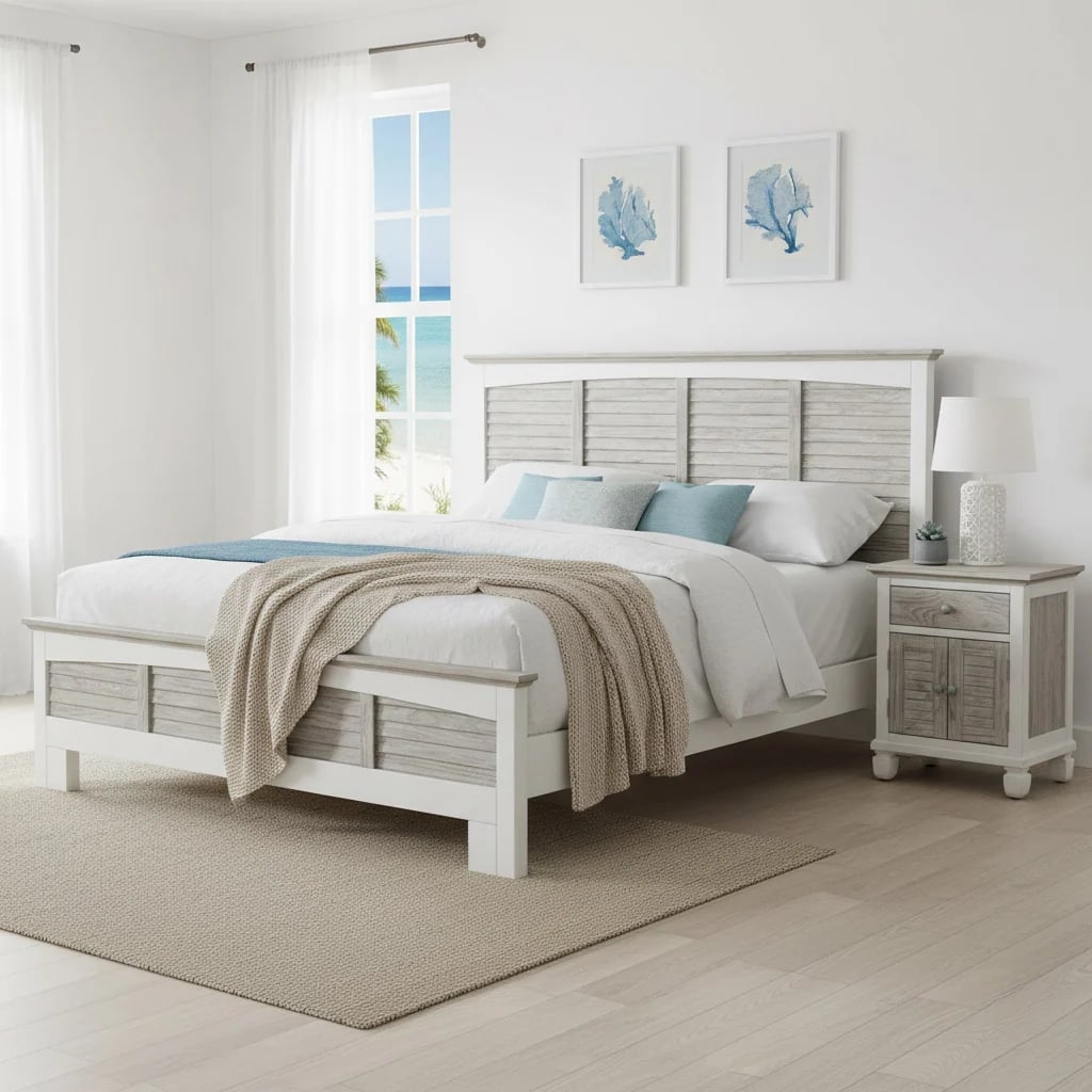 Coastal Bedroom with Shuttered Headboard and Natural Wood Coastal Bedroom with Shuttered Headboard and Natural Wood — Classy Coastal Style