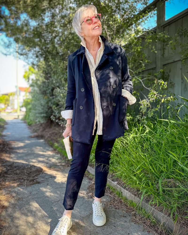 Chic Casual Day Out with Navy Jacket and Straight Leg Trousers Chic Casual Day Out with Navy Jacket and Straight Leg Trousers — Classy Coastal Style