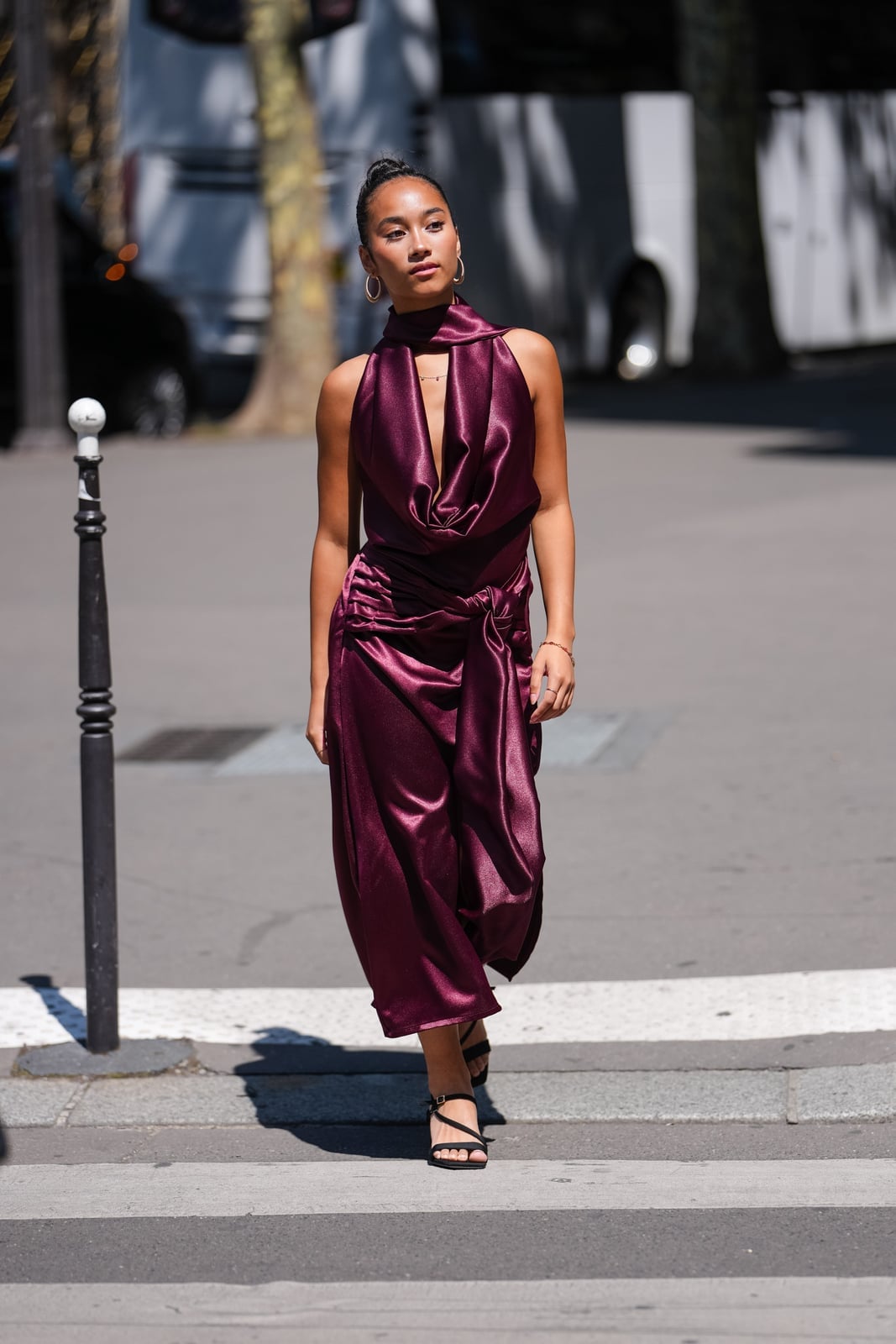 Deep Plum Satin Draped Cowl Neck Midi Dress Deep Plum Satin Draped Cowl Neck Midi Dress — Classy Cocktail Attire for Women