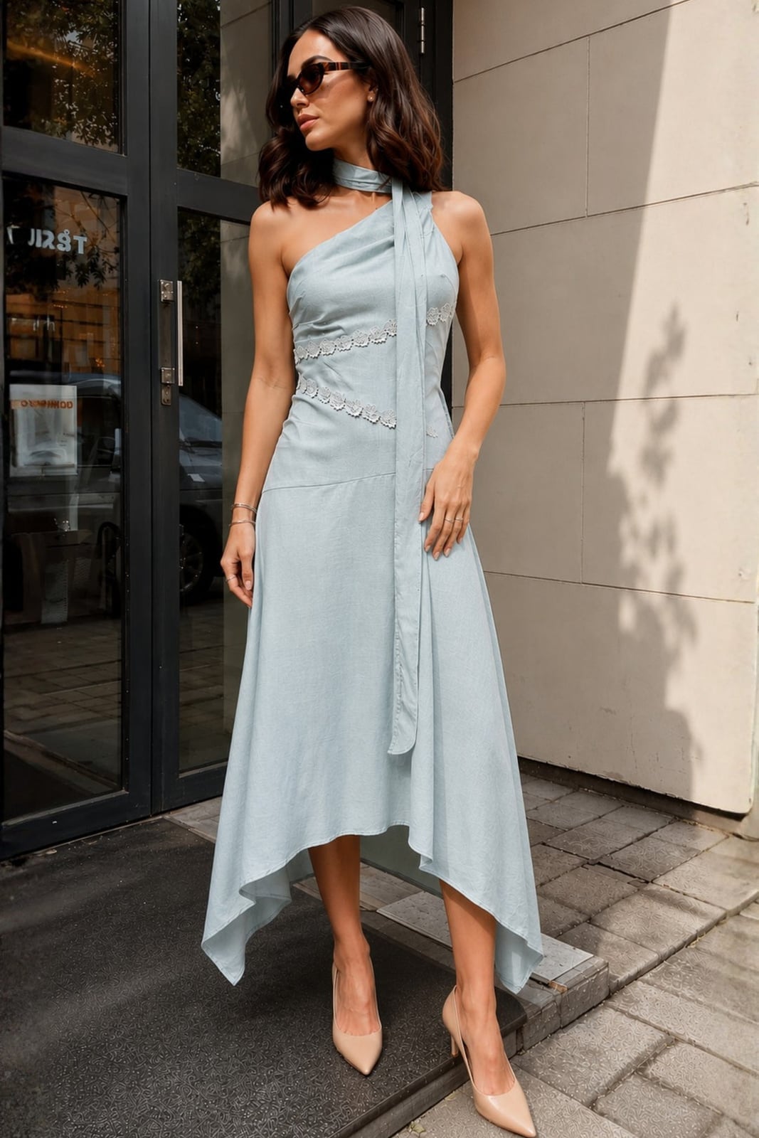 Light Blue One-Shoulder Dress with Handkerchief Hem Light Blue One-Shoulder Dress with Handkerchief Hem — Classy Cocktail Attire for Women