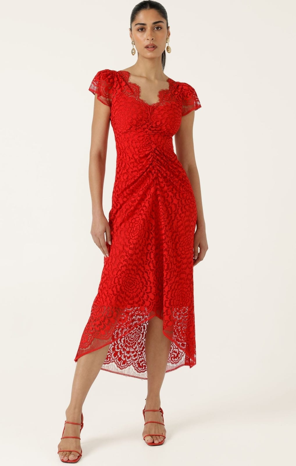 Red Lace Dress with Ruched Detailing and Asymmetrical Hem Red Lace Dress with Ruched Detailing and Asymmetrical Hem — Classy Cocktail Attire for Women