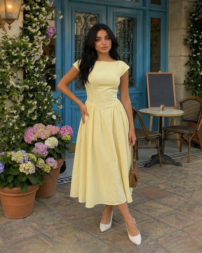 Pale Yellow Linen-Like Midi Dress with Full Skirt Pale Yellow Linen-Like Midi Dress with Full Skirt — Classy Cocktail Attire for Women