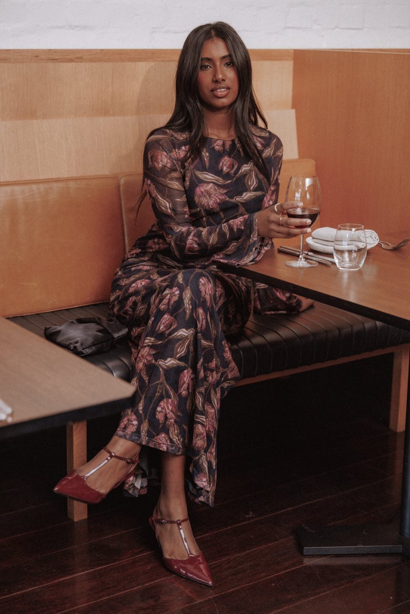 Navy Sheer Floral Print Maxi Dress Navy Sheer Floral Print Maxi Dress — Classy Cocktail Attire for Women