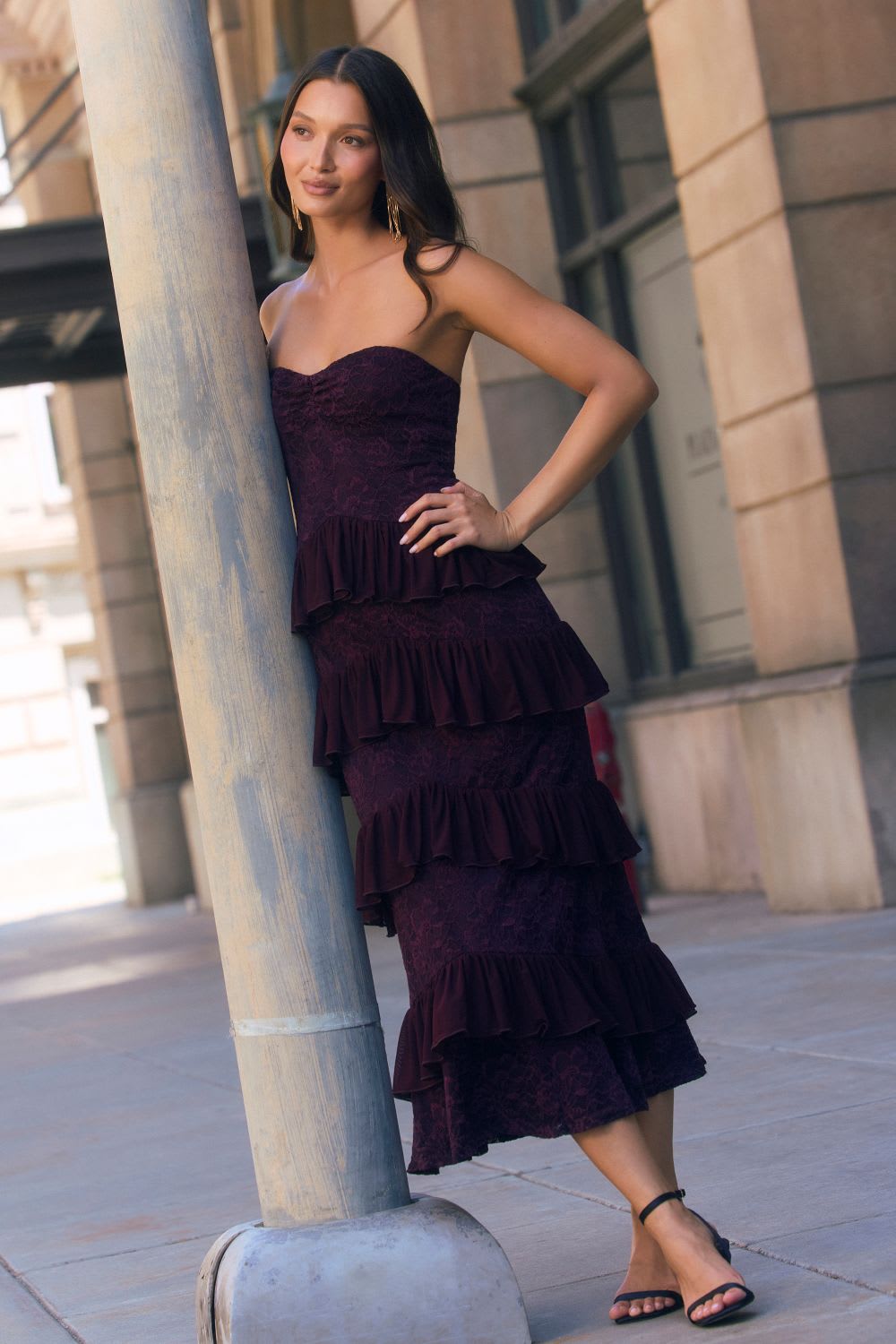 Plum Tiered Lace Dress with Sweetheart Neckline Plum Tiered Lace Dress with Sweetheart Neckline — Classy Cocktail Attire for Women