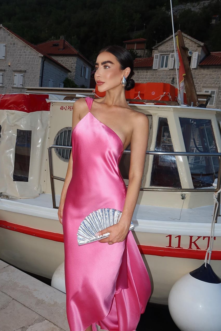 Hot Pink Satin Slip Dress with Asymmetrical Neckline Hot Pink Satin Slip Dress with Asymmetrical Neckline — Classy Cocktail Attire for Women