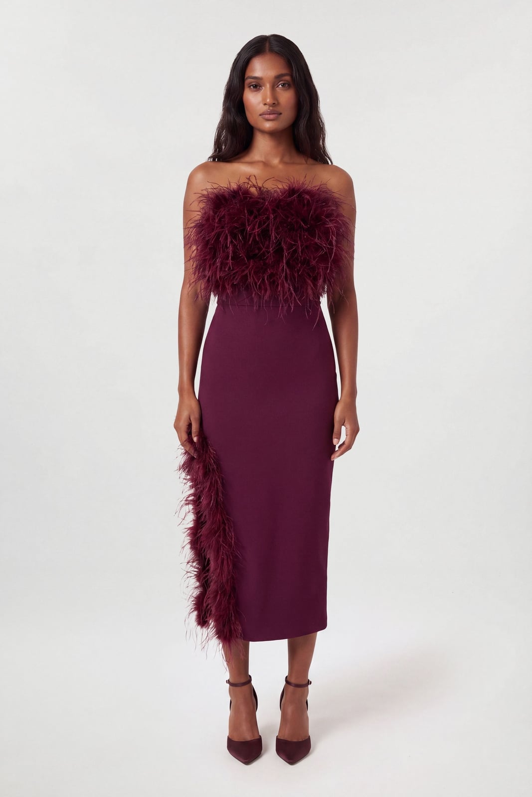 Plum Strapless Dress with Feather Trim and Asymmetrical Hem Plum Strapless Dress with Feather Trim and Asymmetrical Hem — Classy Cocktail Attire for Women
