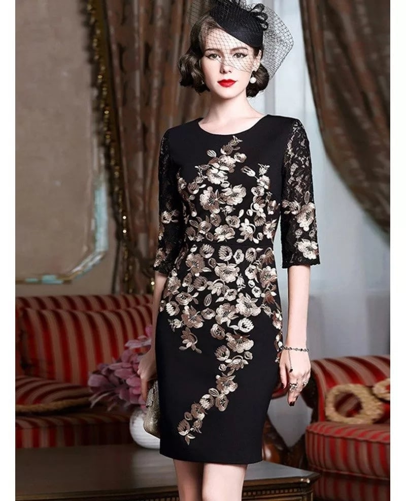 Black Sheath Dress with Gold Embroidery and Lace Sleeves Black Sheath Dress with Gold Embroidery and Lace Sleeves — Classy Cocktail Attire for Women
