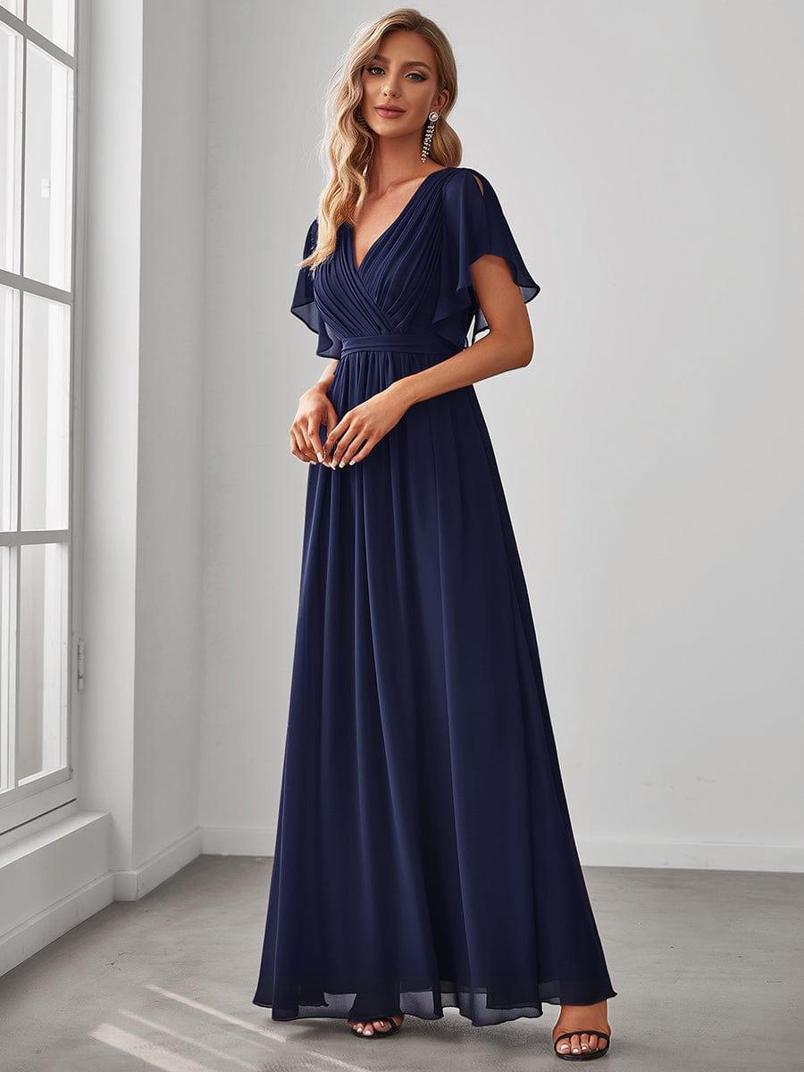 Navy Blue Chiffon A-line Maxi Dress with Flutter Sleeves Navy Blue Chiffon A-line Maxi Dress with Flutter Sleeves — Classy Concert Dresses