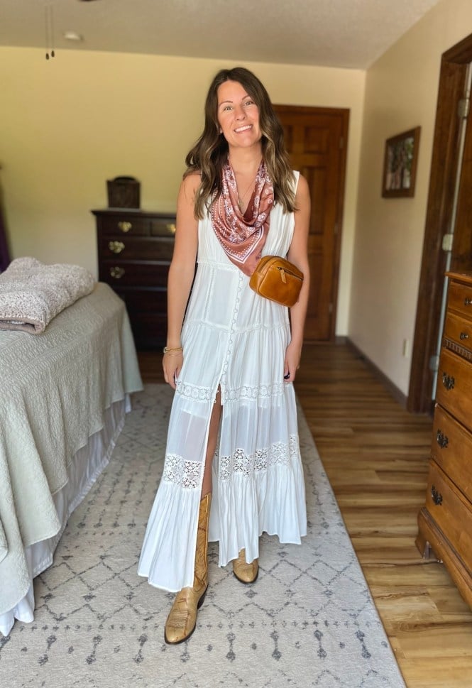 White Lace-Trimmed A-line Maxi Dress White Lace-Trimmed A-line Maxi Dress — Classy Concert Dresses