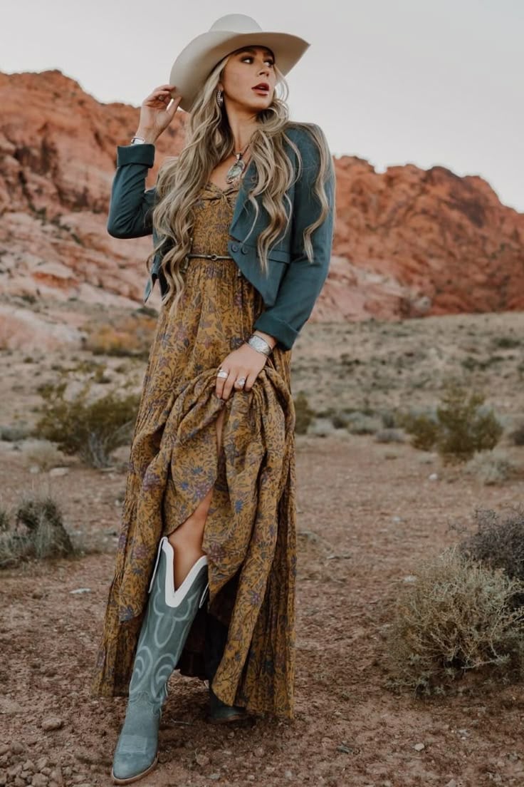 Patterned A-line Maxi Dress with Cropped Teal Jacket Patterned A-line Maxi Dress with Cropped Teal Jacket — Classy Concert Dresses
