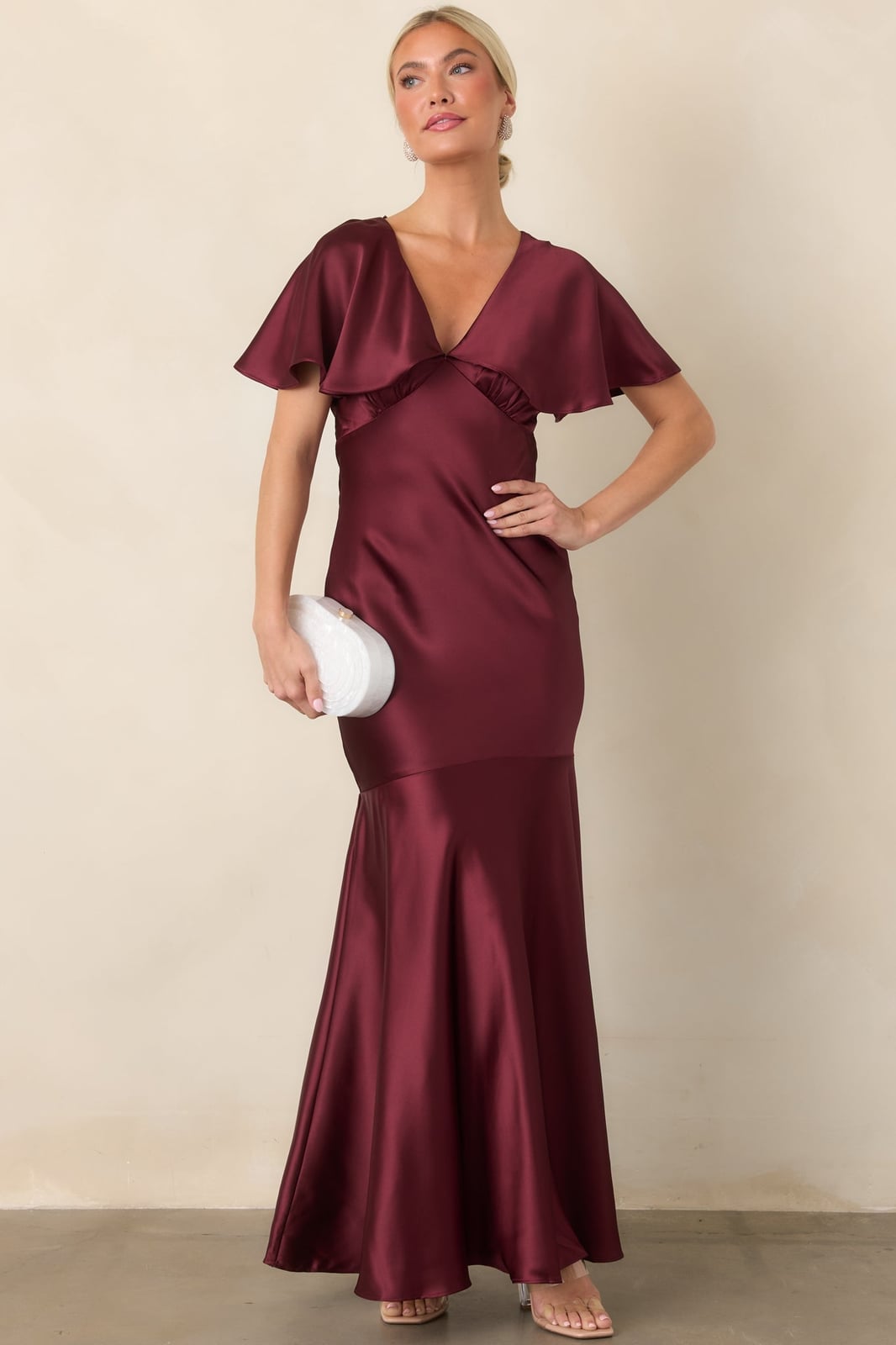 Burgundy Satin Mermaid Dress with Ruffled Capelet Burgundy Satin Mermaid Dress with Ruffled Capelet — Classy Concert Dresses