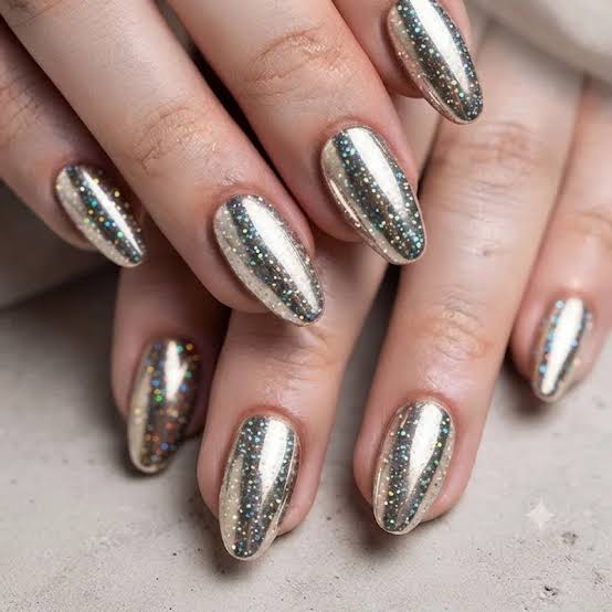 Silver Chrome Holographic Glitter Almond Nails Silver Chrome Holographic Glitter Almond Nails — Classy Concert Nails