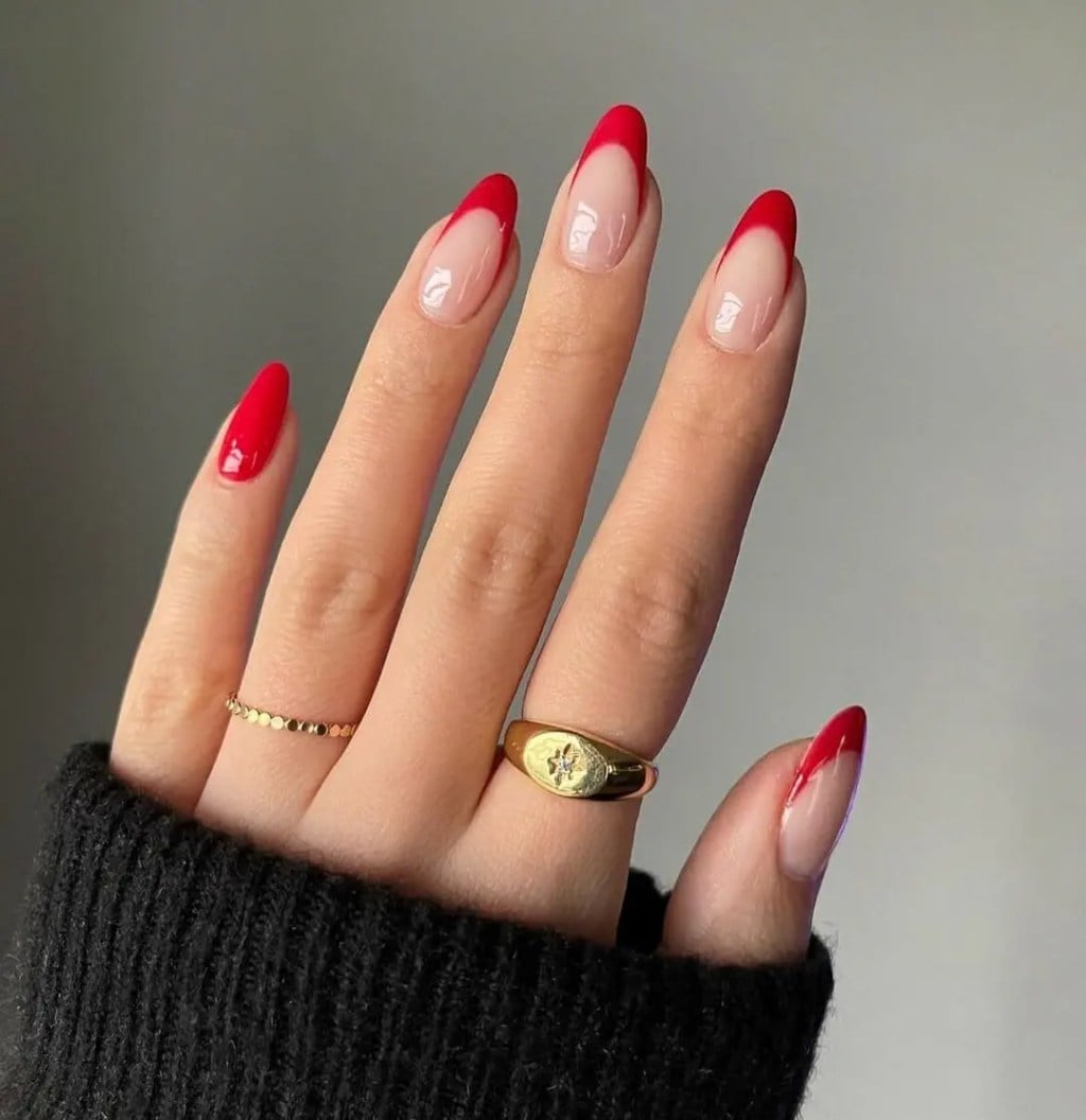 Nude Sheer Red French Almond Nails Nude Sheer Red French Almond Nails — Classy Concert Nails