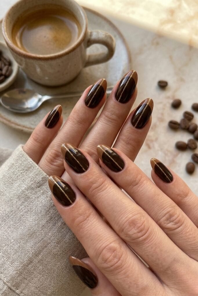 Brown Beige Gold Line Almond Nails Brown Beige Gold Line Almond Nails — Classy Concert Nails