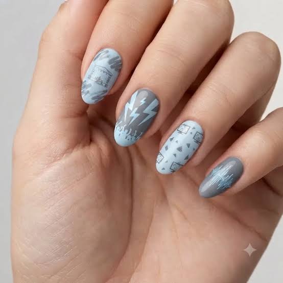Light Blue Grey Lightning Bolt Almond Nails Light Blue Grey Lightning Bolt Almond Nails — Classy Concert Nails