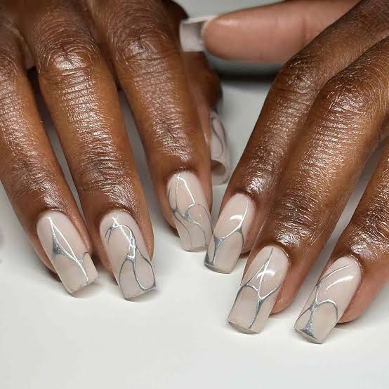 Nude Abstract Silver Line Square Nails Nude Abstract Silver Line Square Nails — Classy Concert Nails