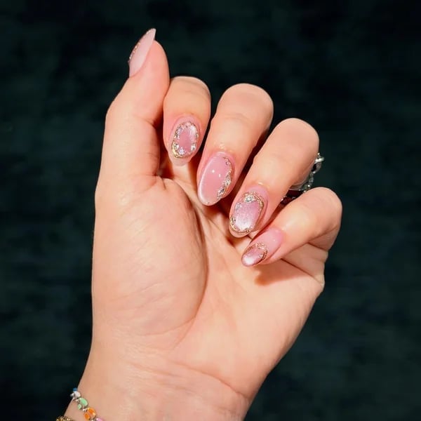 Pink Shimmer Gold Foil Rhinestone Nails Pink Shimmer Gold Foil Rhinestone Nails — Classy Concert Nails