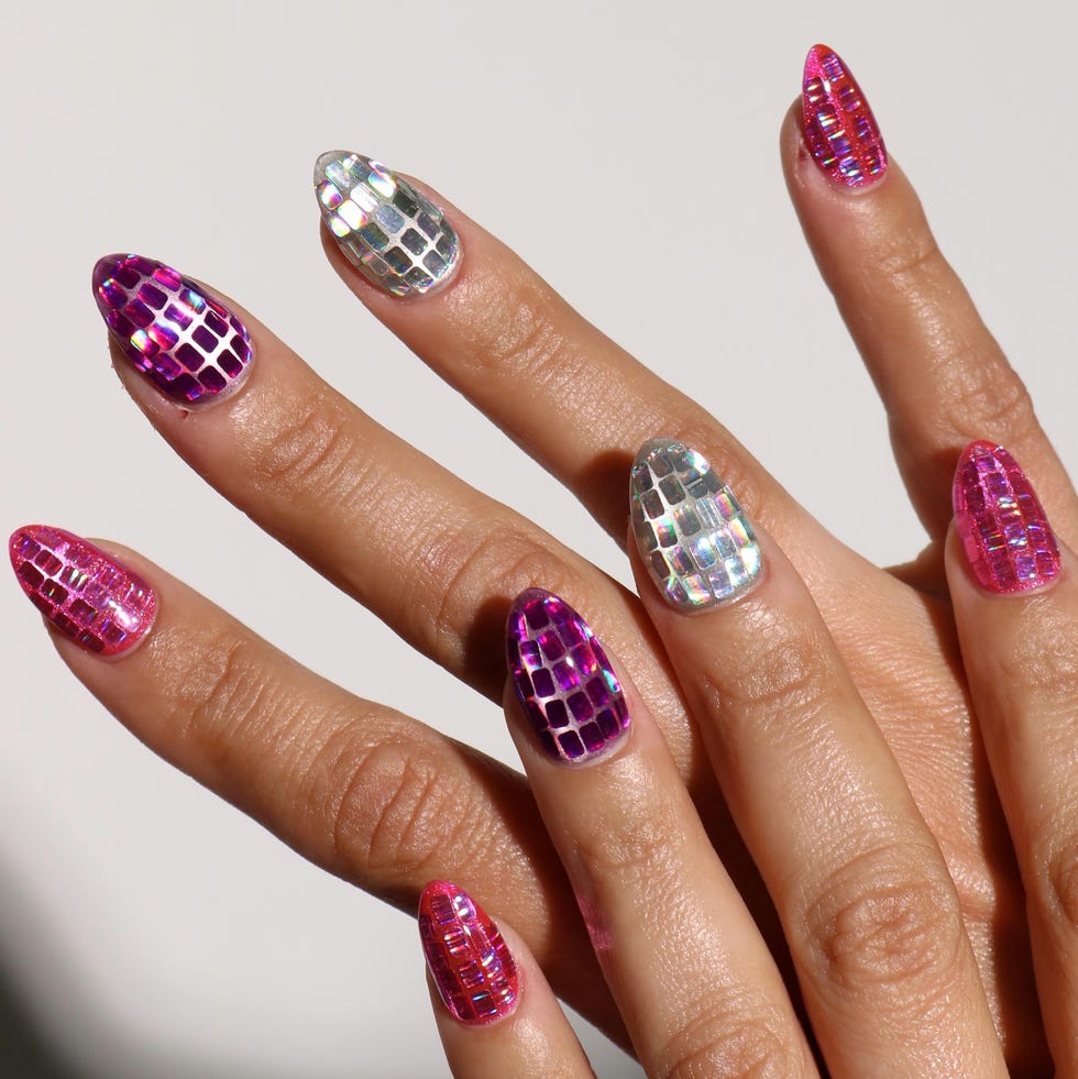 Holographic Mosaic Pink Silver Almond Nails Holographic Mosaic Pink Silver Almond Nails — Classy Concert Nails