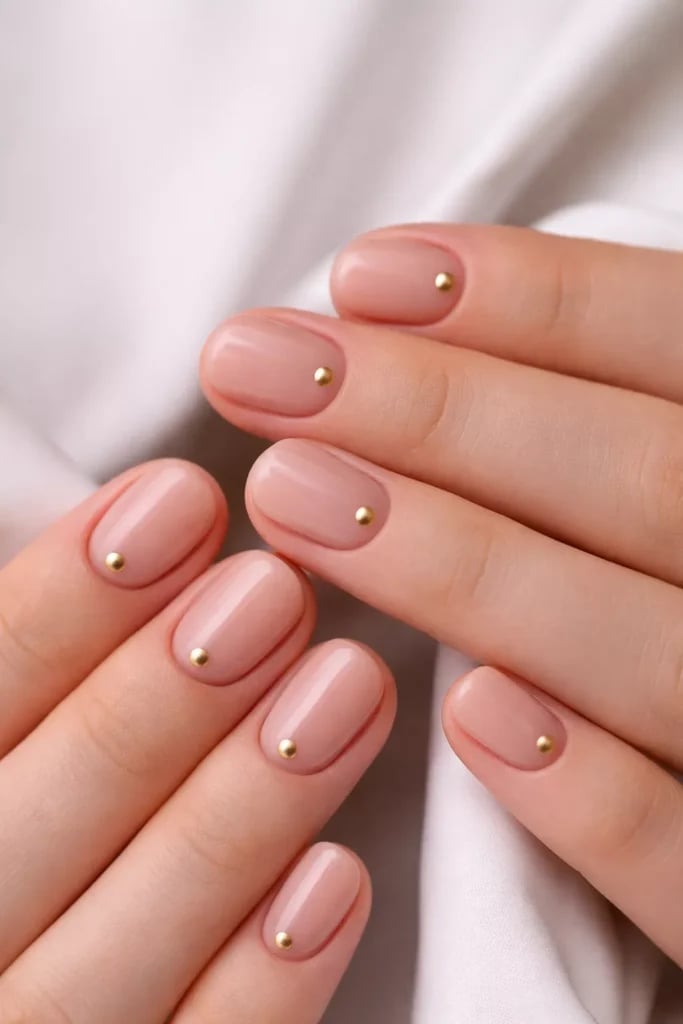 Nude Pink Minimalist Gold Dot Oval Nails Nude Pink Minimalist Gold Dot Oval Nails — Classy Concert Nails