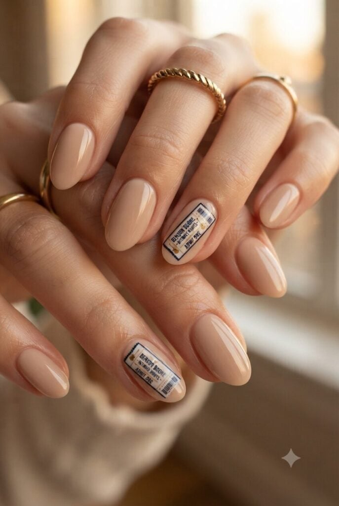 Nude Glossy Ticket Accent Oval Nails Nude Glossy Ticket Accent Oval Nails — Classy Concert Nails